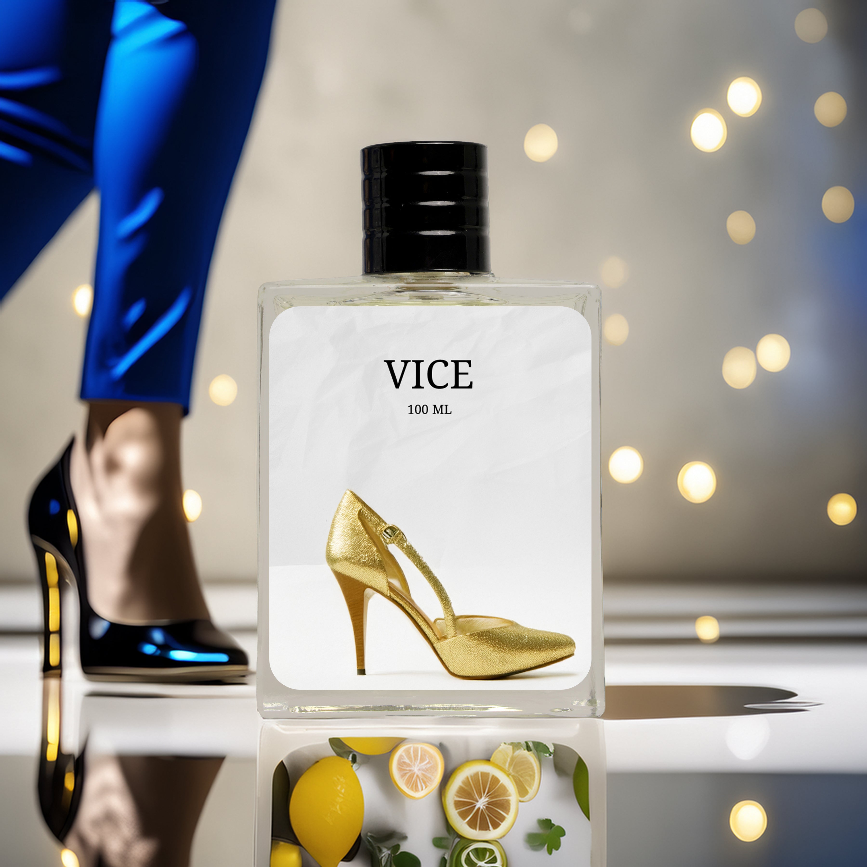 Vice perfume bottle with a gold high heel design on a reflective surface with blurred lights in the background.